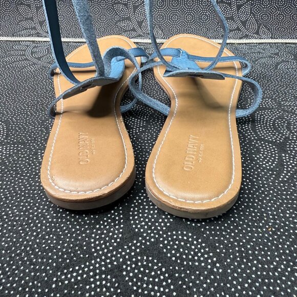 Women's Old Navy Blue Faux Leather T-Strap Sandals Size 10 Wraparound Straps - Picture 2 of 10